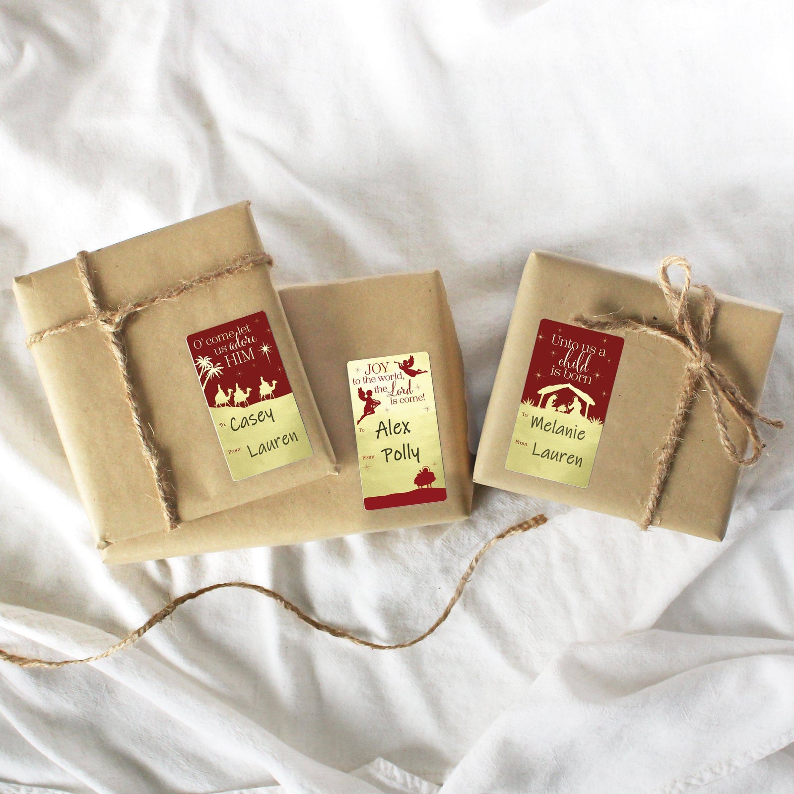 Christmas Gift Tag Stickers: Gold Foil & Christmas Nativity - 75 Stickers - Distinctivs Party