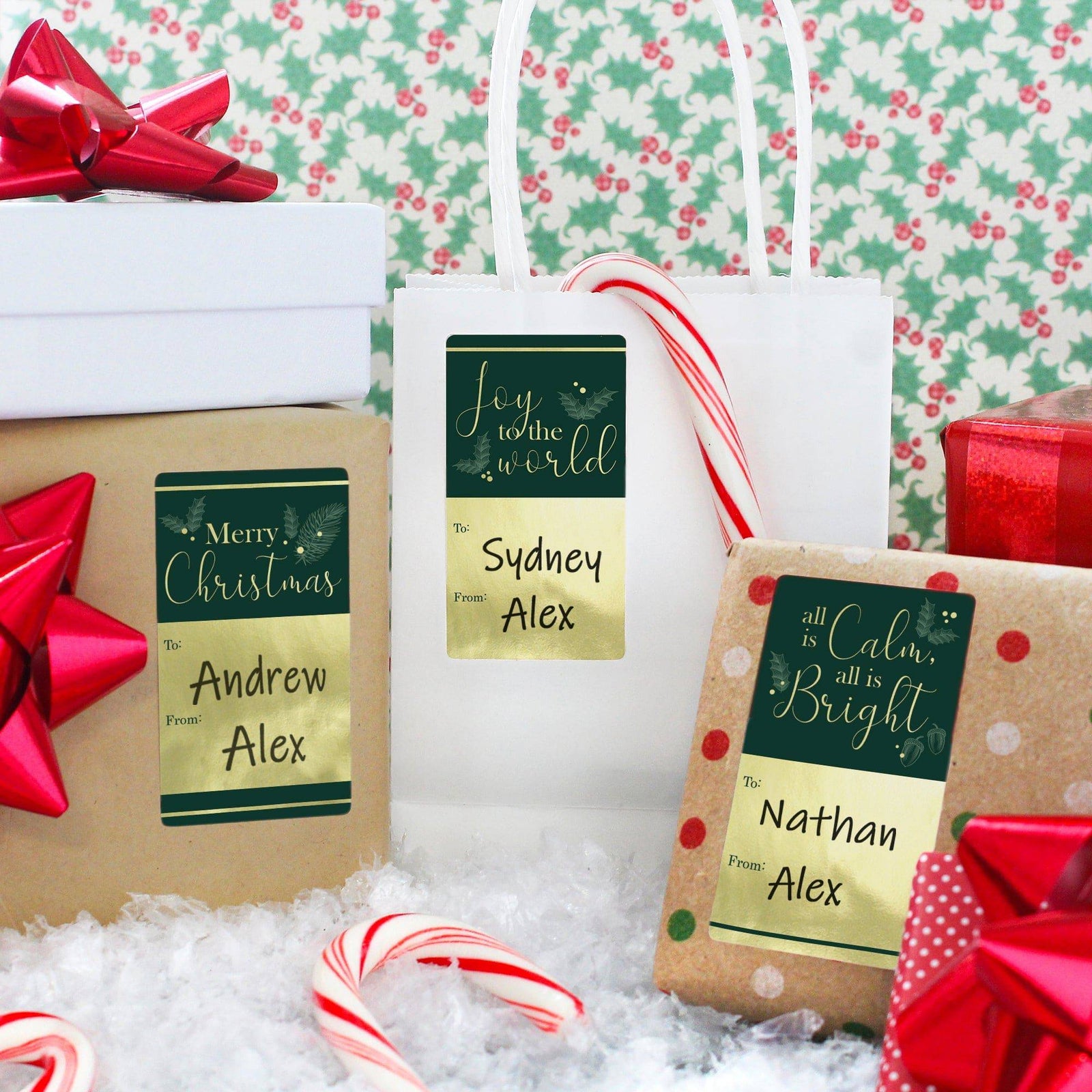 Christmas Gift Tag Stickers: Gold Foil & Green – 75 Stickers - Distinctivs Party