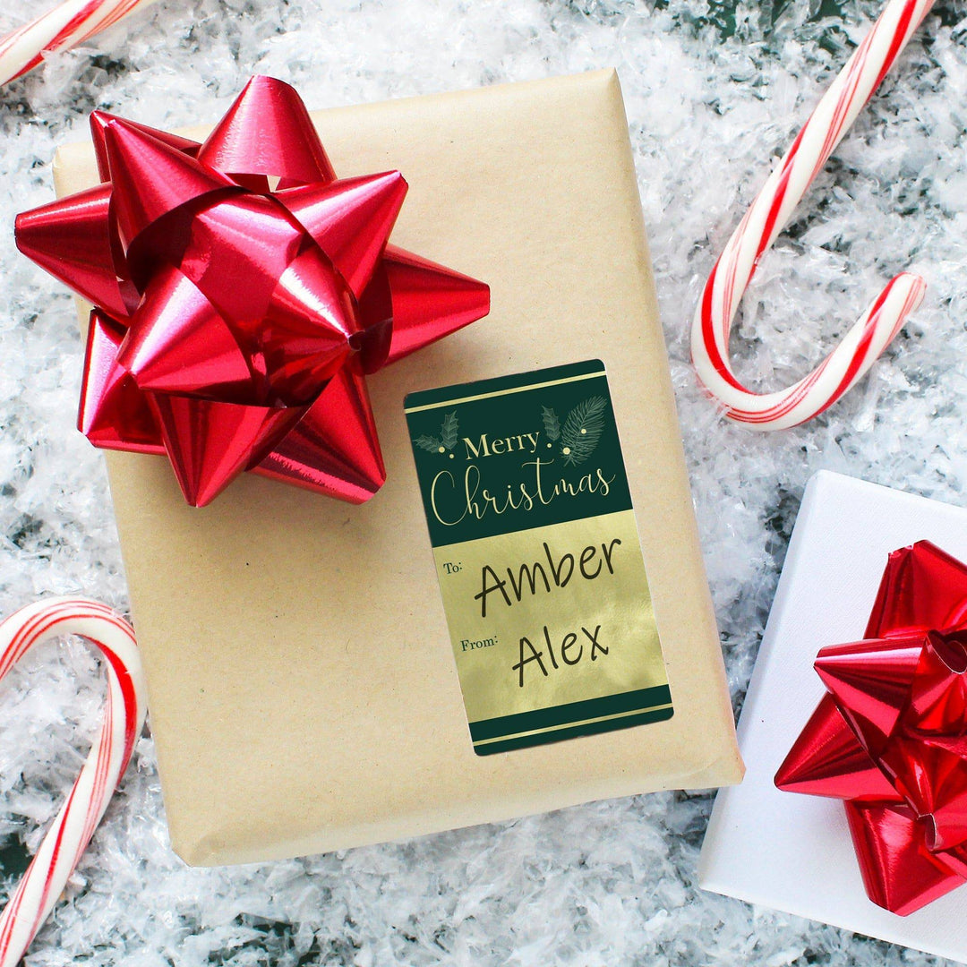 Christmas Gift Tag Stickers: Gold Foil & Green – 75 Stickers - Distinctivs Party