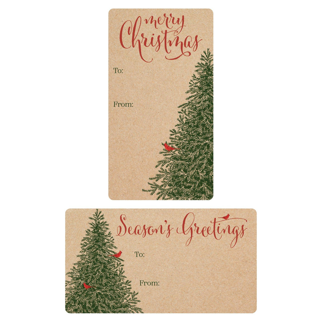 Kraft Christmas Tree Gift Tag Stickers - Pine Trees and Red Cardinals - 75 Count