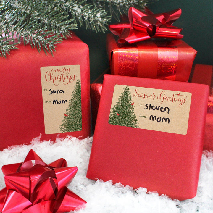 Kraft Christmas Tree Gift Tag Stickers - Pine Trees and Red Cardinals - 75 Count