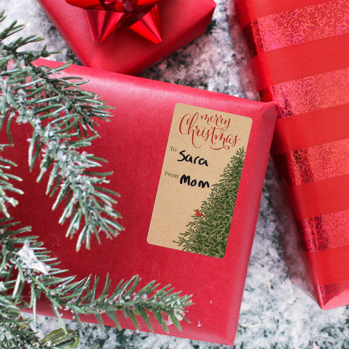 Kraft Christmas Tree Gift Tag Stickers - Pine Trees and Red Cardinals - 75 Count
