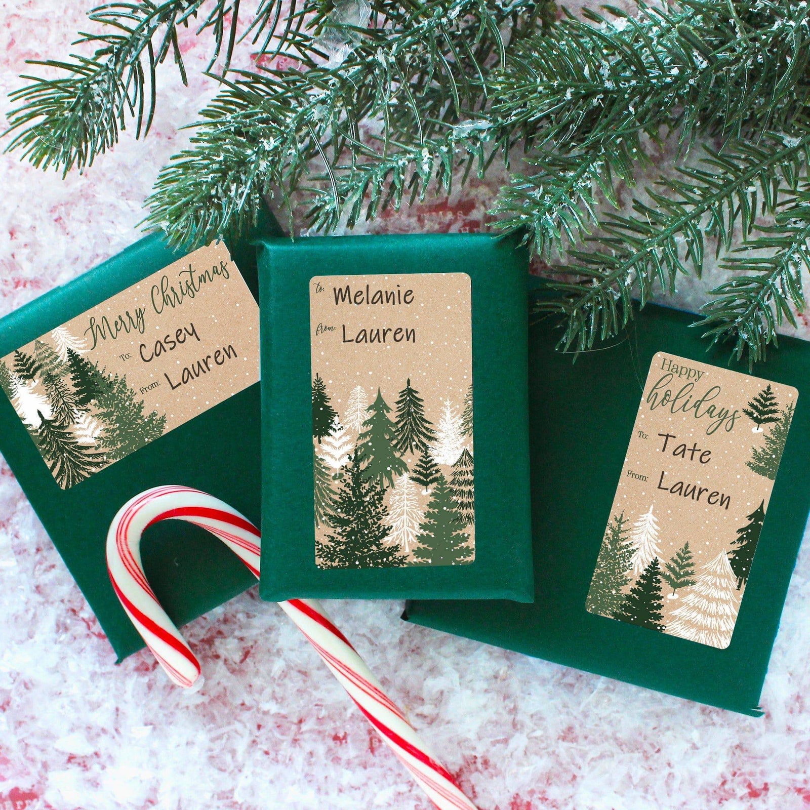 Christmas Gift Tag Stickers: Kraft Christmas - Evergreen Trees - 75 Stickers - Distinctivs Party