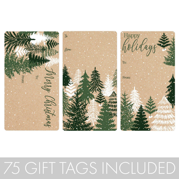 Christmas Gift Tag Stickers: Kraft Christmas - Evergreen Trees - 75 Stickers - Distinctivs Party