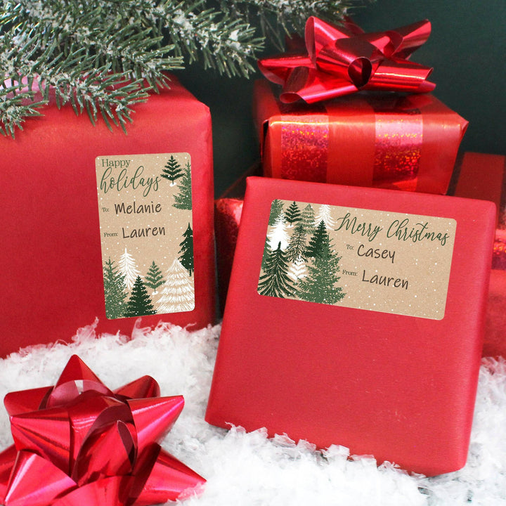 Christmas Gift Tag Stickers: Kraft Christmas - Evergreen Trees - 75 Stickers - Distinctivs Party
