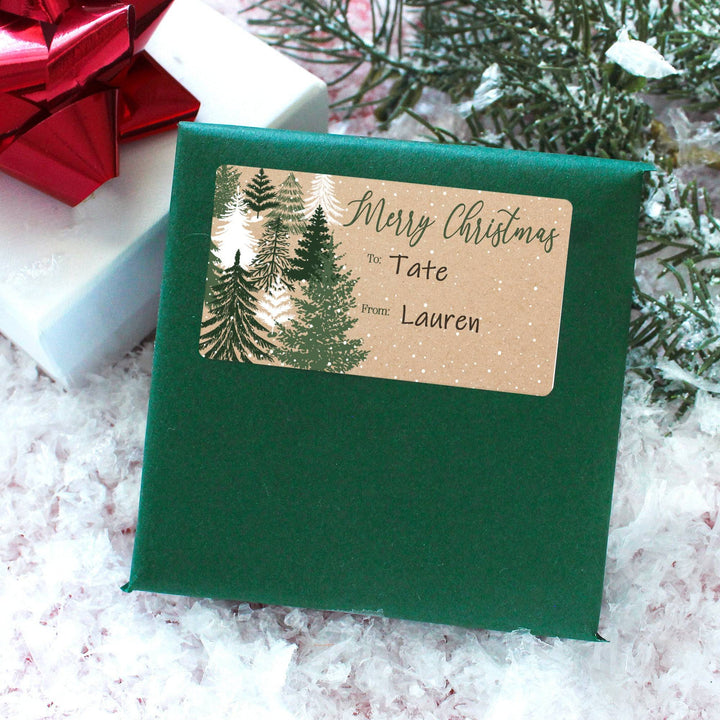 Christmas Gift Tag Stickers: Kraft Christmas - Evergreen Trees - 75 Stickers - Distinctivs Party
