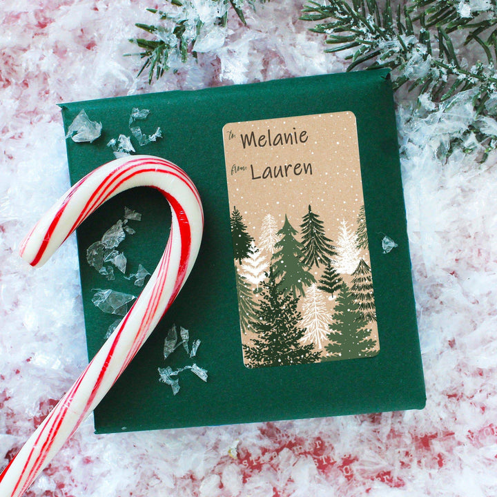 Christmas Gift Tag Stickers: Kraft Christmas - Evergreen Trees - 75 Stickers - Distinctivs Party