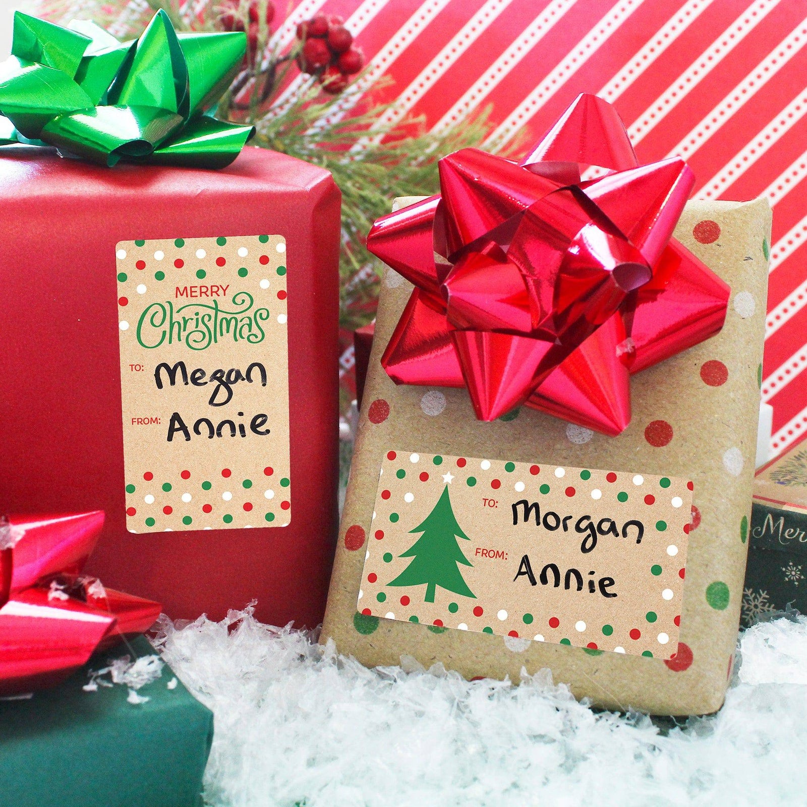 Christmas Gift Tag Stickers: Kraft Christmas - Red and Green Polka Dots - 75 Stickers - Distinctivs Party