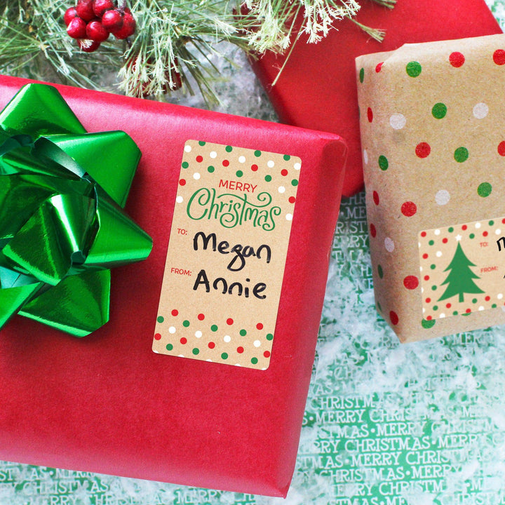 Kraft Christmas Gift Tag Stickers - Red and Green Polka Dots - 75 Count