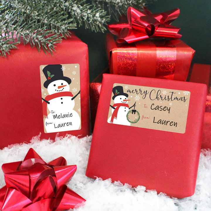 Christmas Gift Tag Stickers: Kraft Christmas - Snowman - 75 Stickers - Distinctivs Party