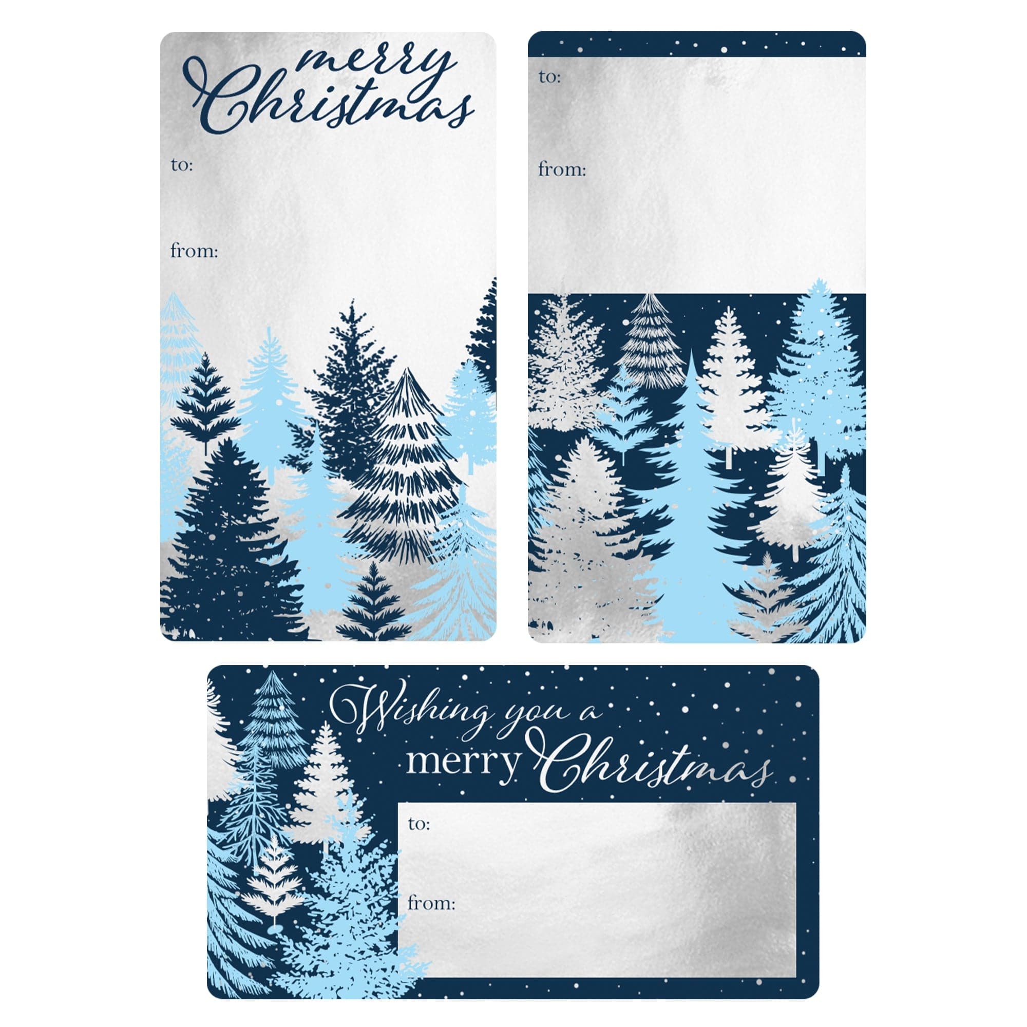 Christmas Gift Tag Stickers: Silver Foil and Blue Trees – 42 Stickers