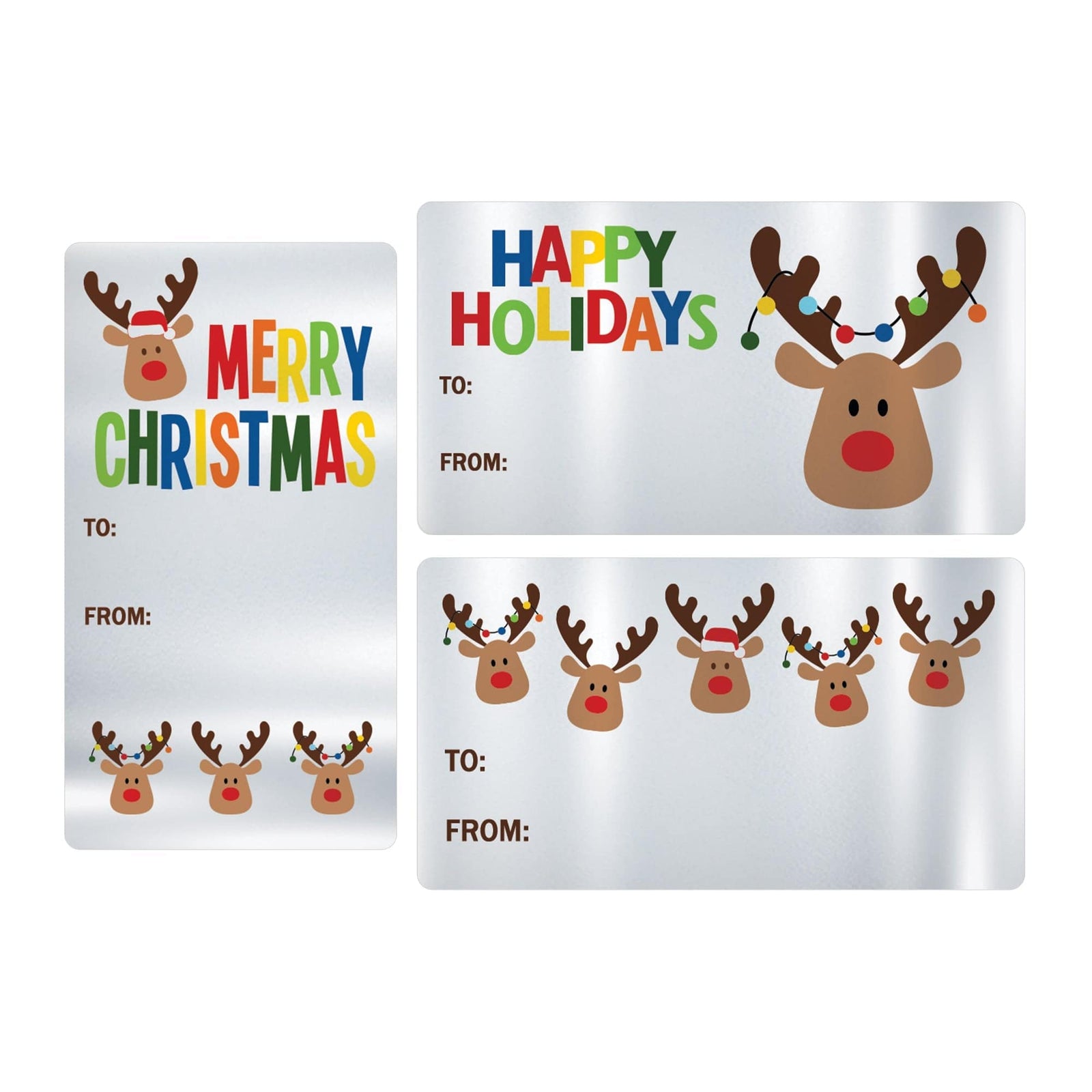 Christmas Gift Tag Stickers:  Silver Foil Whimsical Reindeer  - 75 Stickers - Distinctivs Party