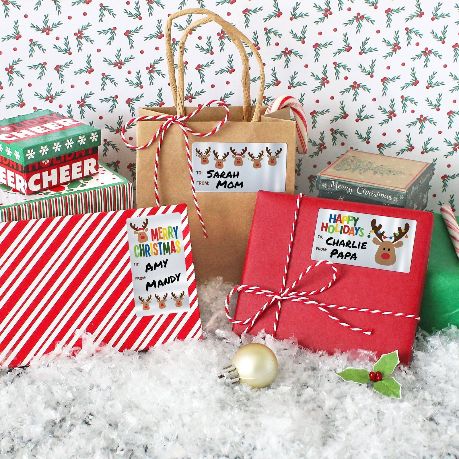 Christmas Gift Tag Stickers:  Silver Foil Whimsical Reindeer  - 75 Stickers - Distinctivs Party