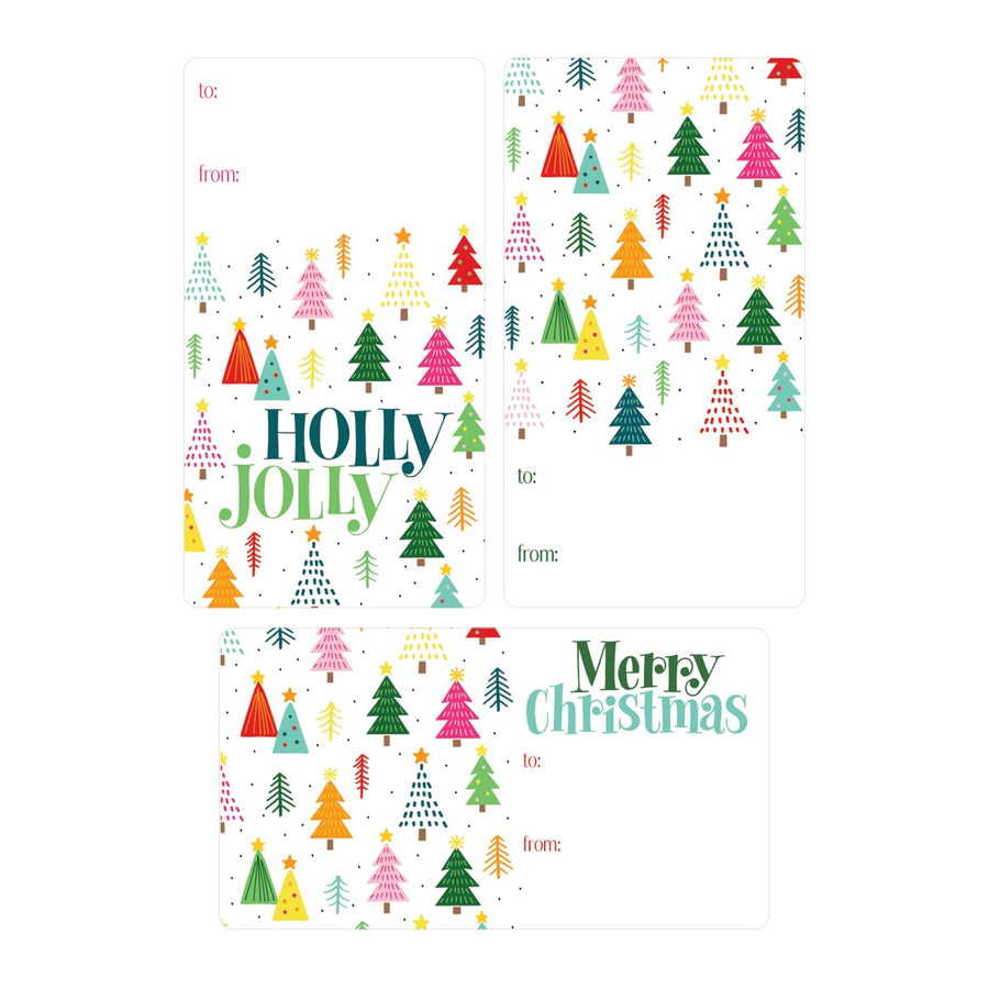 Christmas Gift Tag Stickers: Whimsical Colorful Trees - 75 Stickers - Distinctivs Party