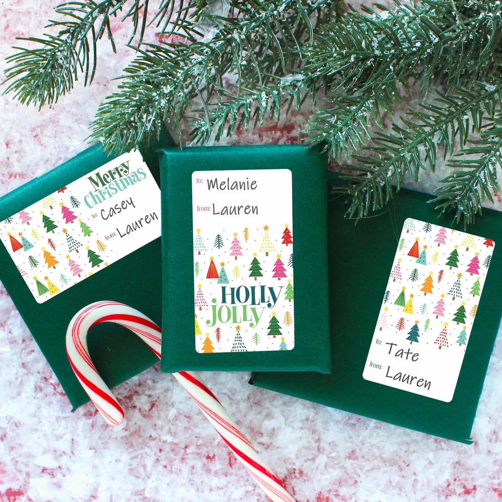 Christmas Gift Tag Stickers: Whimsical Colorful Trees - 75 Stickers - Distinctivs Party