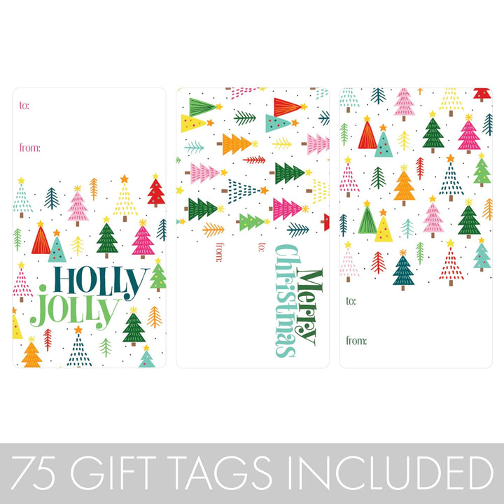 Christmas Gift Tag Stickers: Whimsical Colorful Trees - 75 Stickers - Distinctivs Party