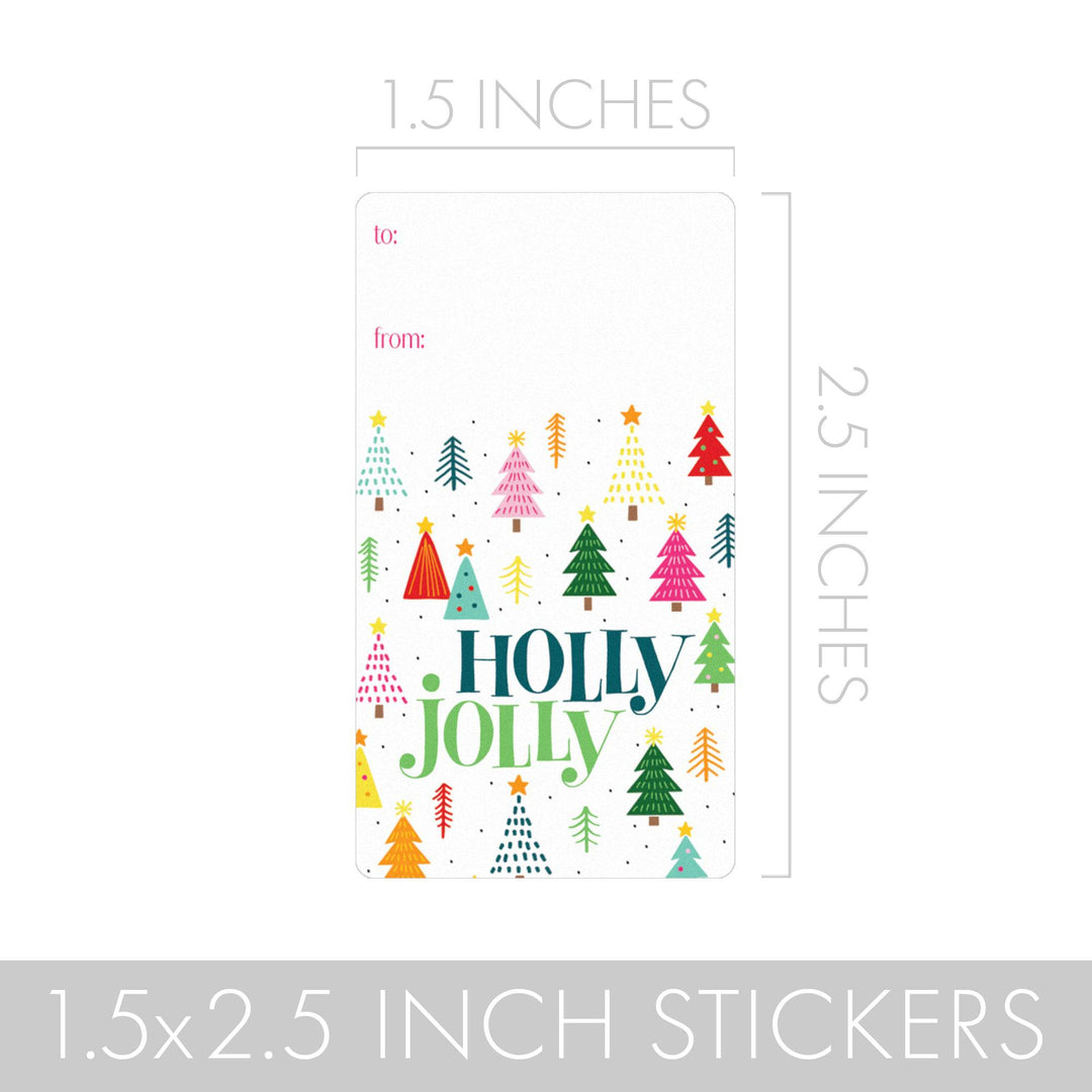 Christmas Gift Tag Stickers: Whimsical Colorful Trees - 75 Stickers - Distinctivs Party