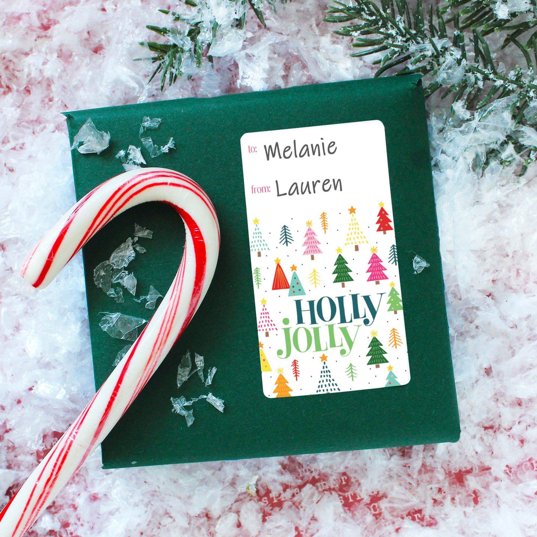 Christmas Gift Tag Stickers: Whimsical Colorful Trees - 75 Stickers - Distinctivs Party