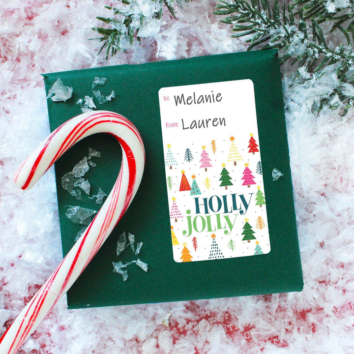 Christmas Gift Tag Stickers: Whimsical Colorful Trees - 75 Stickers - Distinctivs Party
