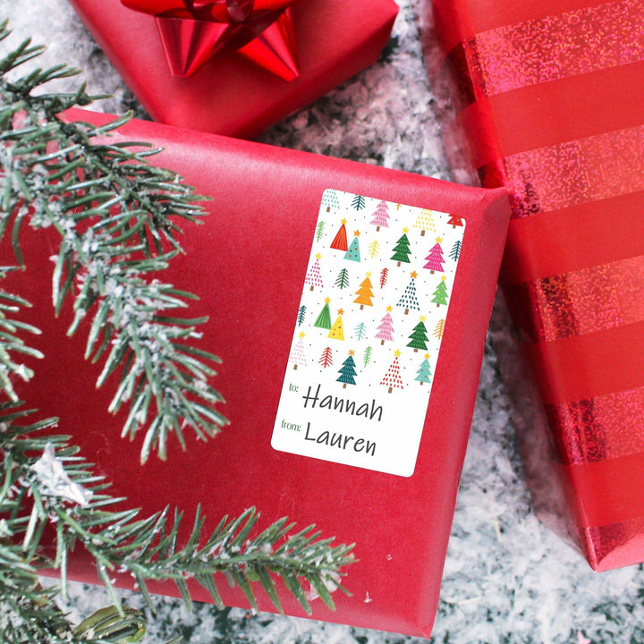 Christmas Gift Tag Stickers: Whimsical Colorful Trees - 75 Stickers - Distinctivs Party