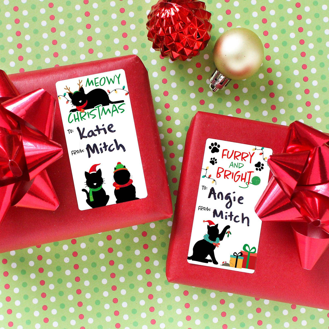 Christmas Gift Tag Stickers: Whimsical Meowy Christmas Kitten Gift Wrap Labels - 75 Stickers - Distinctivs Party