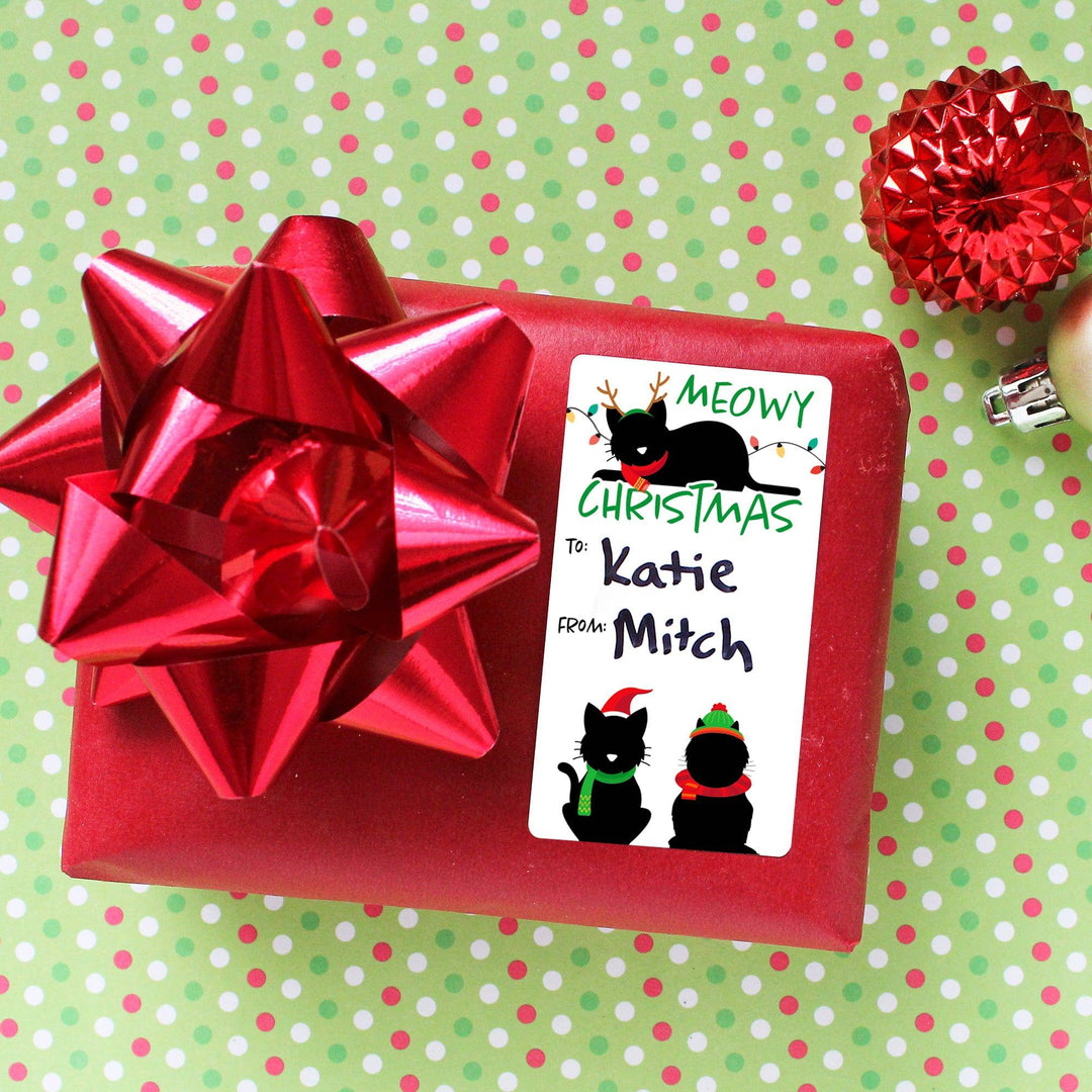 Christmas Gift Tag Stickers: Whimsical Meowy Christmas Kitten Gift Wrap Labels - 75 Stickers - Distinctivs Party
