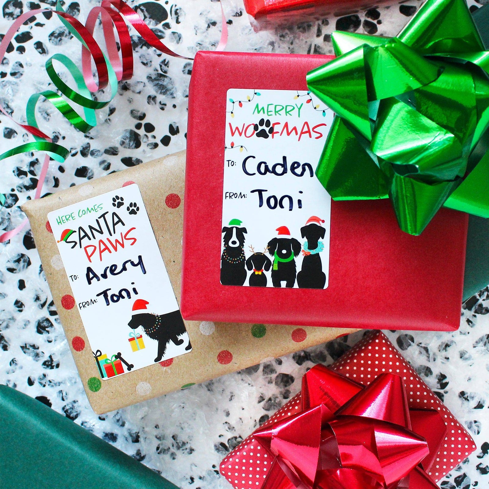 Christmas Gift Tag Stickers: Whimsical  Merry Woofmas Puppy Gift Labels - 75 Stickers - Distinctivs Party