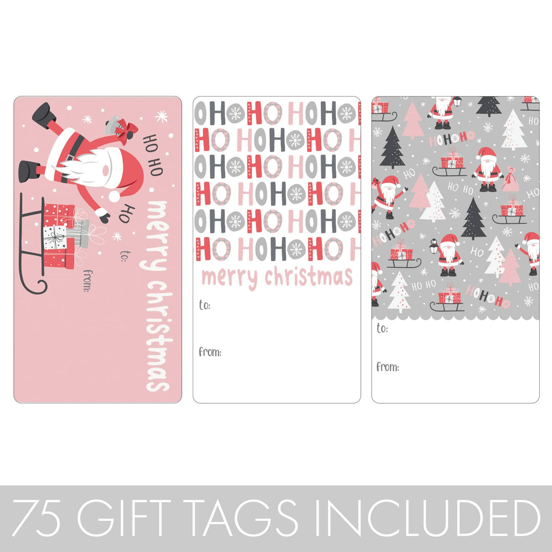 Christmas Gift Tag Stickers: Whimsical Pink Santa - 75 Stickers - Distinctivs Party