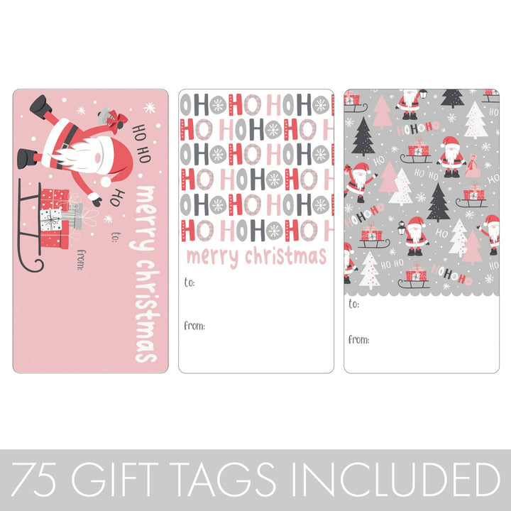 Christmas Gift Tag Stickers: Whimsical Pink Santa - 75 Stickers - Distinctivs Party