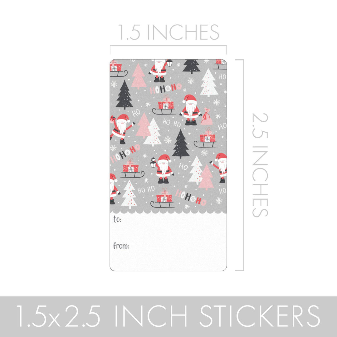 Christmas Gift Tag Stickers: Whimsical Pink Santa - 75 Stickers - Distinctivs Party
