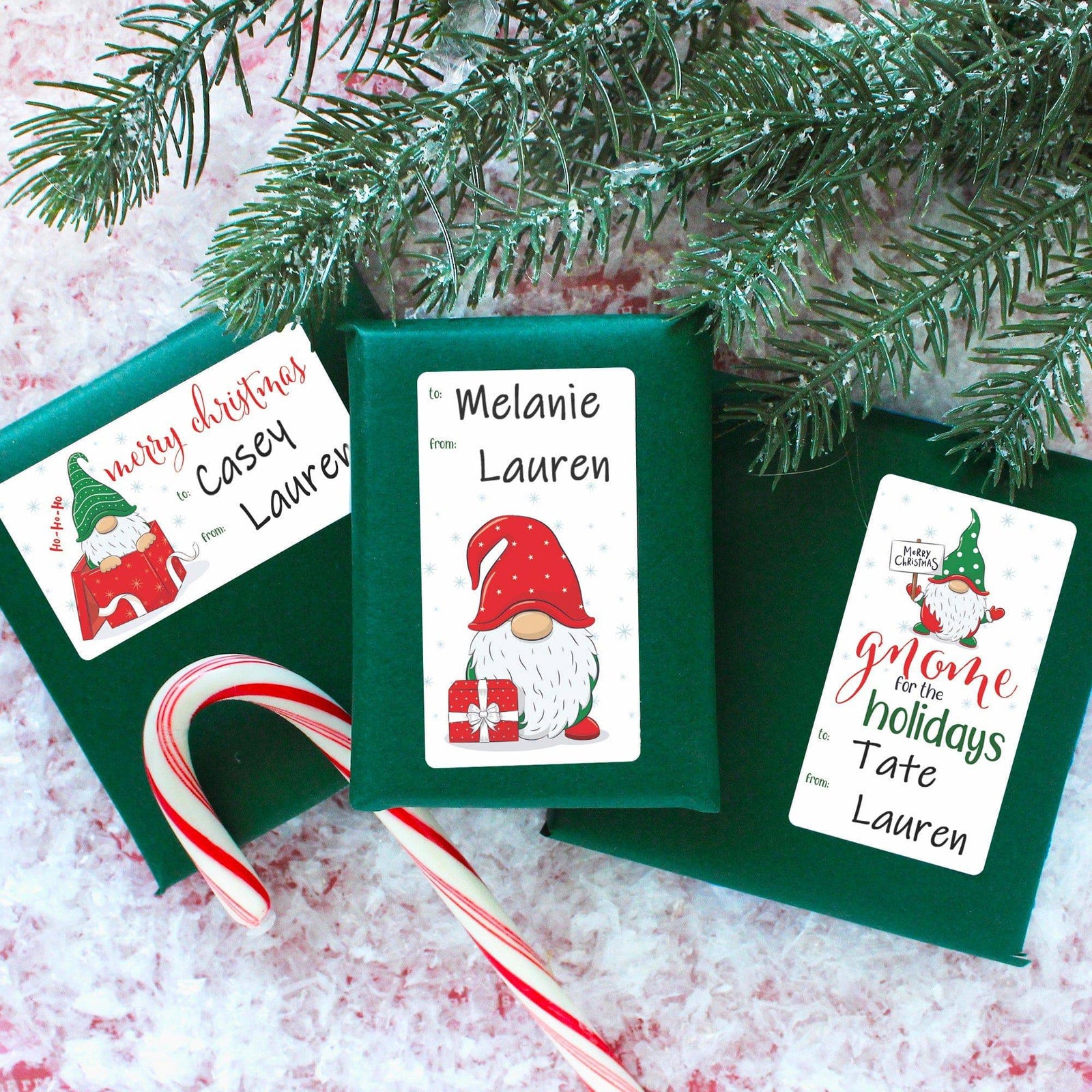 Christmas Gift Tag Stickers: Whimsical Red & Green Gnomes - 75 Stickers - Distinctivs Party