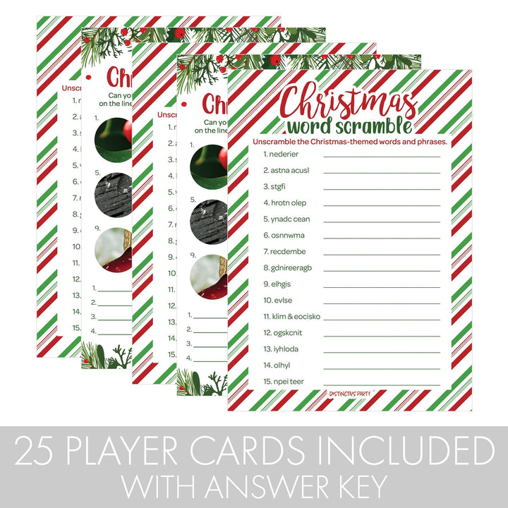 Christmas Party Game Bundle - Holiday Word Scramble and Picture Quiz - 25 Dual-Sided Cards