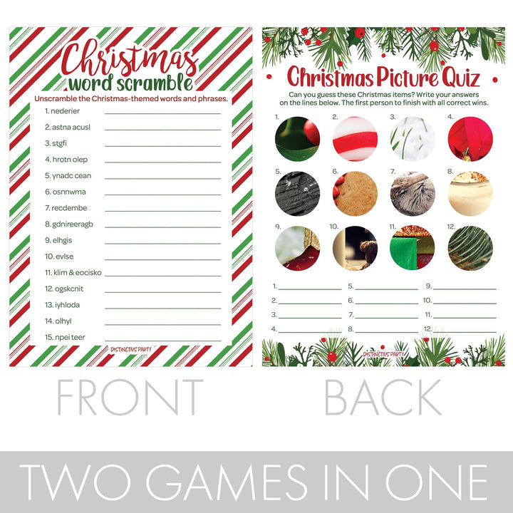 Christmas Party Game Bundle - Holiday Word Scramble and Picture Quiz - 25 Dual-Sided Cards