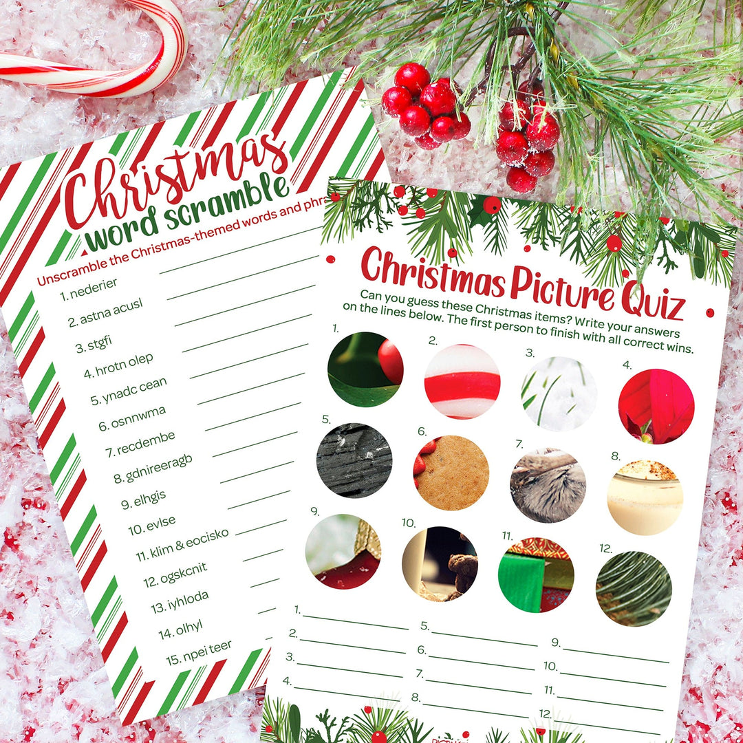 Christmas Party Game Bundle - Holiday Word Scramble and Picture Quiz - 25 Dual-Sided Cards