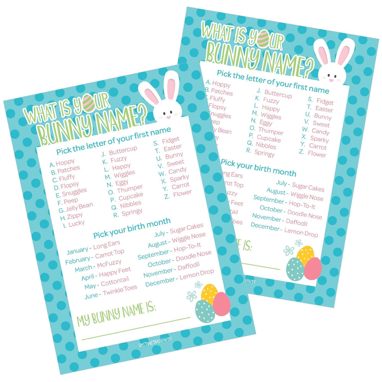 Easter Party Game: What's Your Bunny Name Game - Classroom Party - 25 Cards - Distinctivs Party