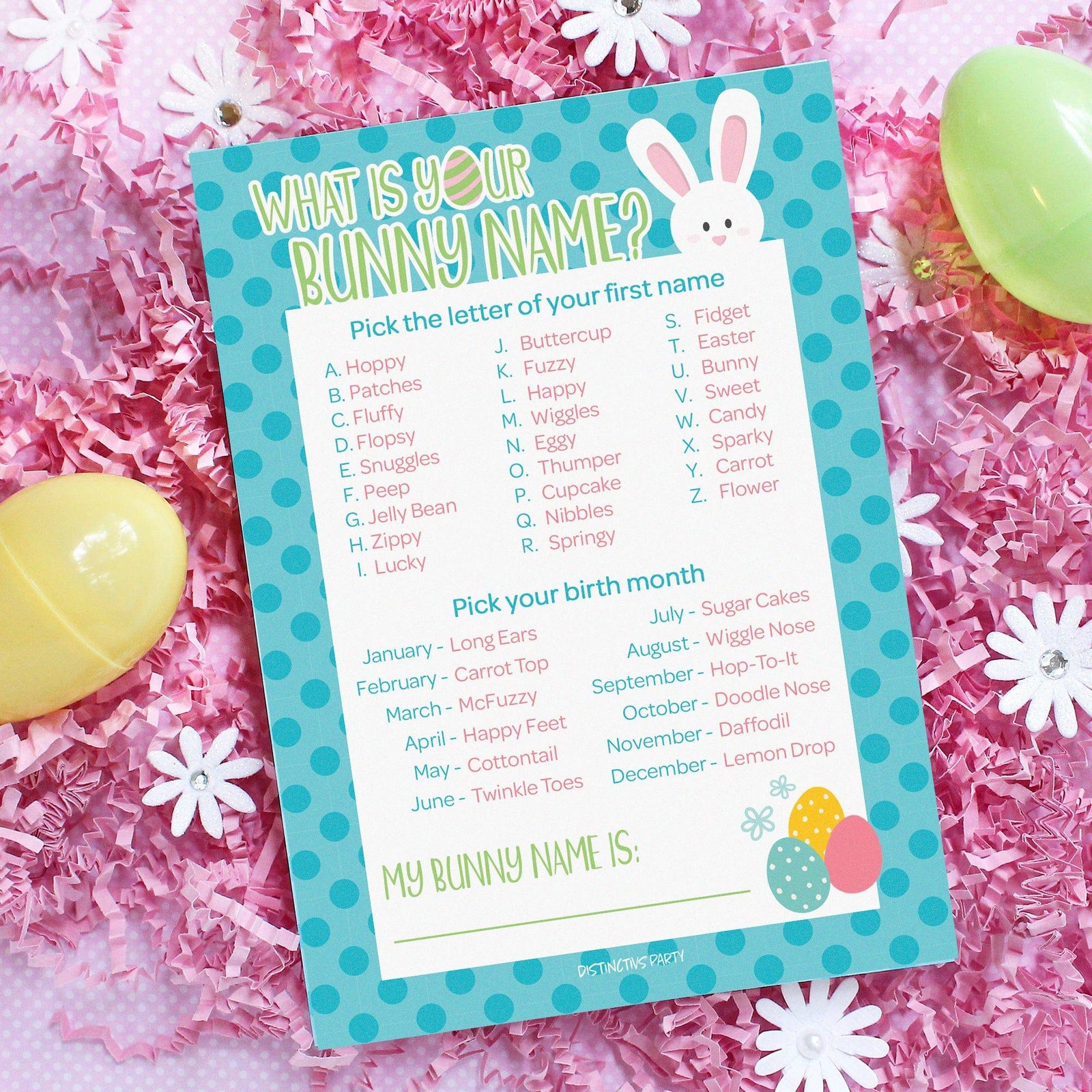 Easter Party Game: What's Your Bunny Name Game - Classroom Party - 25 Cards - Distinctivs Party