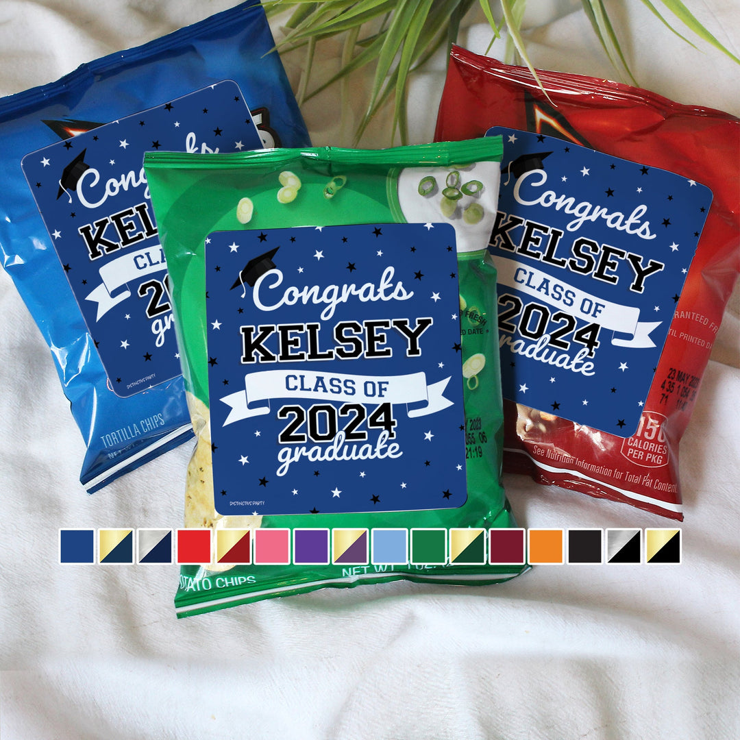Personalized Graduation: 16 Color Choices - Custom Name and Year - Party Favor - Chip Bag and Snack Bag Stickers - 32 or 96 Stickers