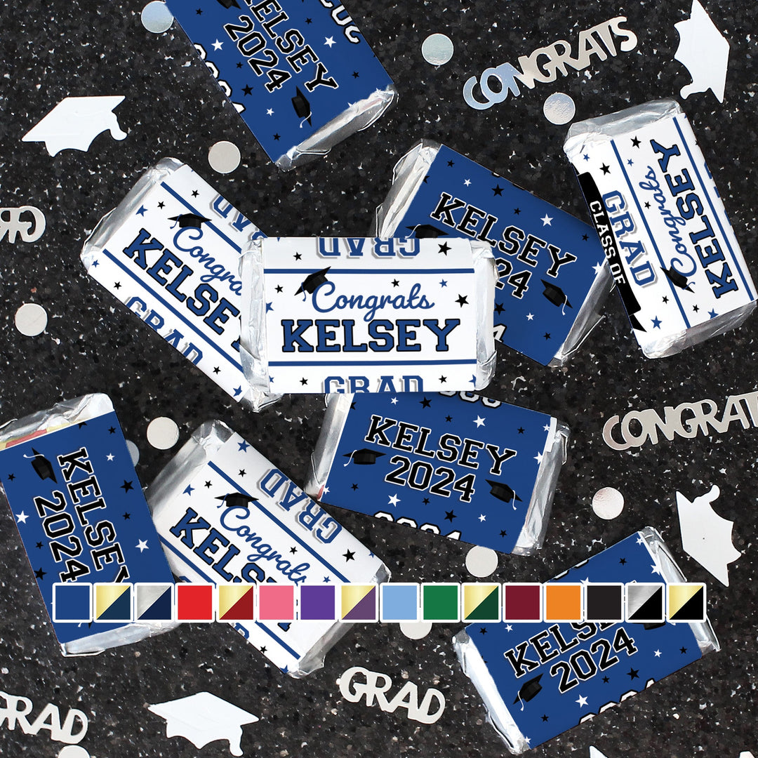 Graduación personalizada: 16 opciones de color - Nombre y año personalizados - Mini envoltorios para barra de dulces - Se adapta a miniaturas Hershey® - 45, 250 o 500 pegatinas