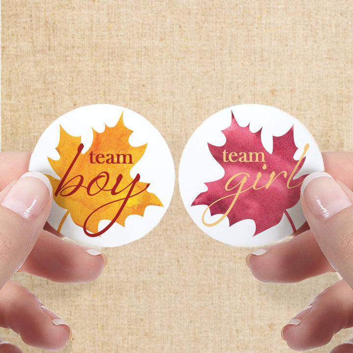 Fall Leaves: Gender Reveal Party - Baby Shower - Team Boy or Team Girl Stickers - 40 Stickers - Distinctivs Party