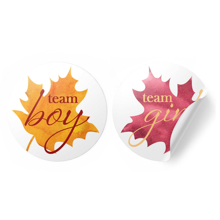 Fall Leaves: Gender Reveal Party - Baby Shower - Team Boy or Team Girl Stickers - 40 Stickers - Distinctivs Party