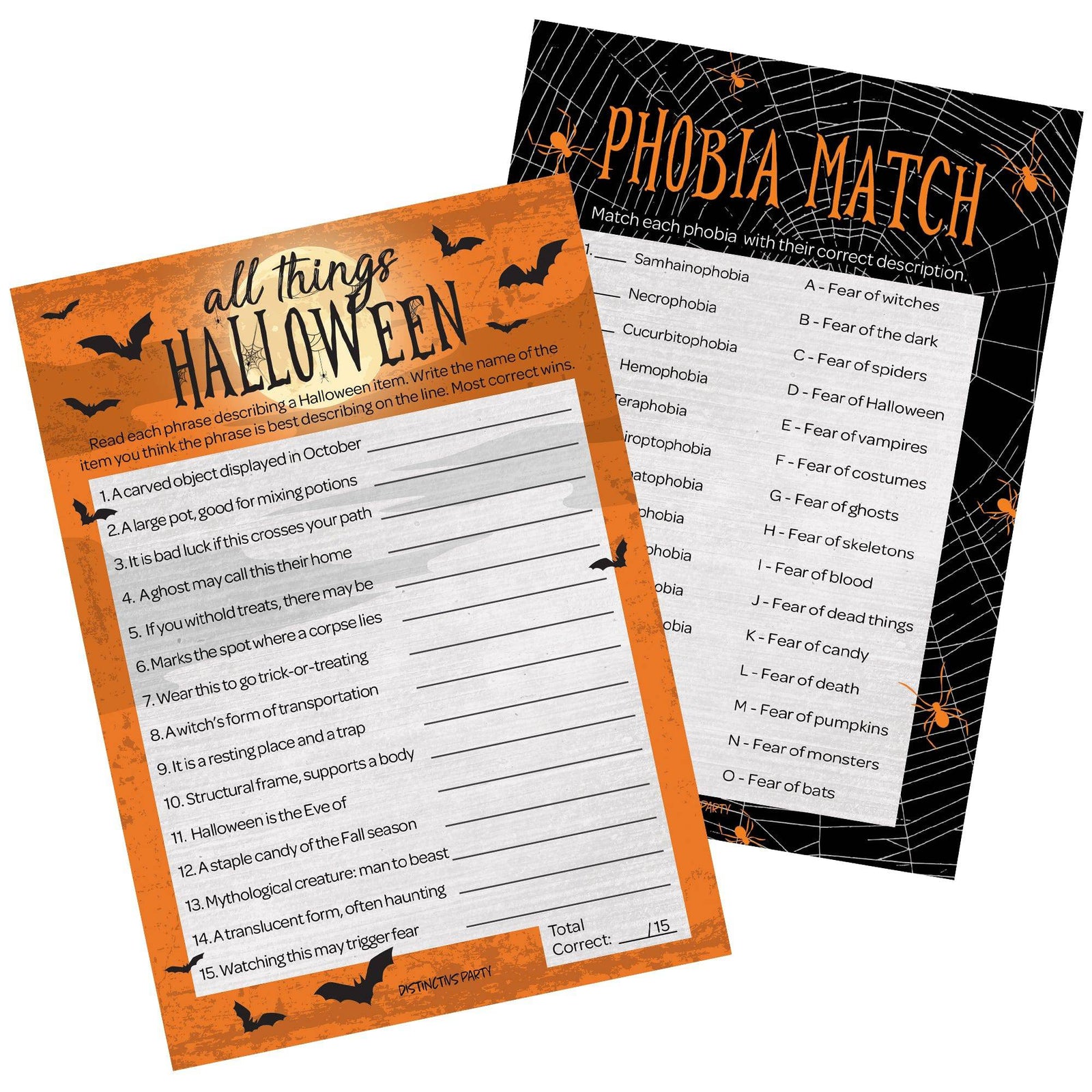 Full Moon: Halloween Party Game - All Things Halloween and Match the Phobia -  Two Game Bundle - 25 Dual Sided Cards - Distinctivs Party