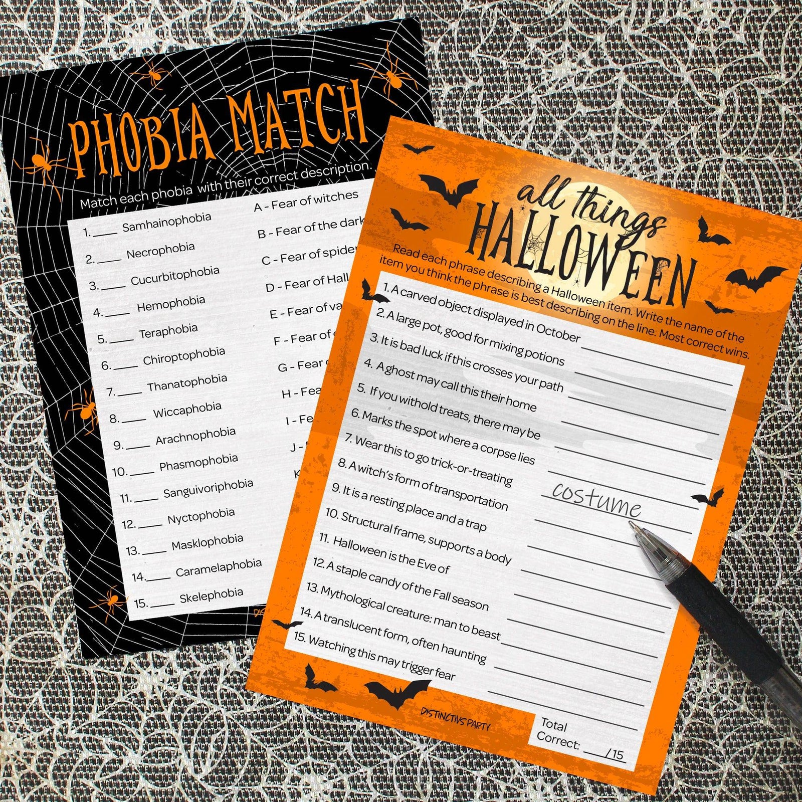 Full Moon: Halloween Party Game - All Things Halloween and Match the Phobia -  Two Game Bundle - 25 Dual Sided Cards - Distinctivs Party