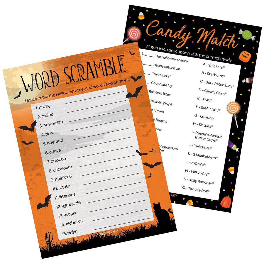 Halloween Party 2 Game Bundle - Candy Match and Word Scramble - 25 Dual Sided Cards