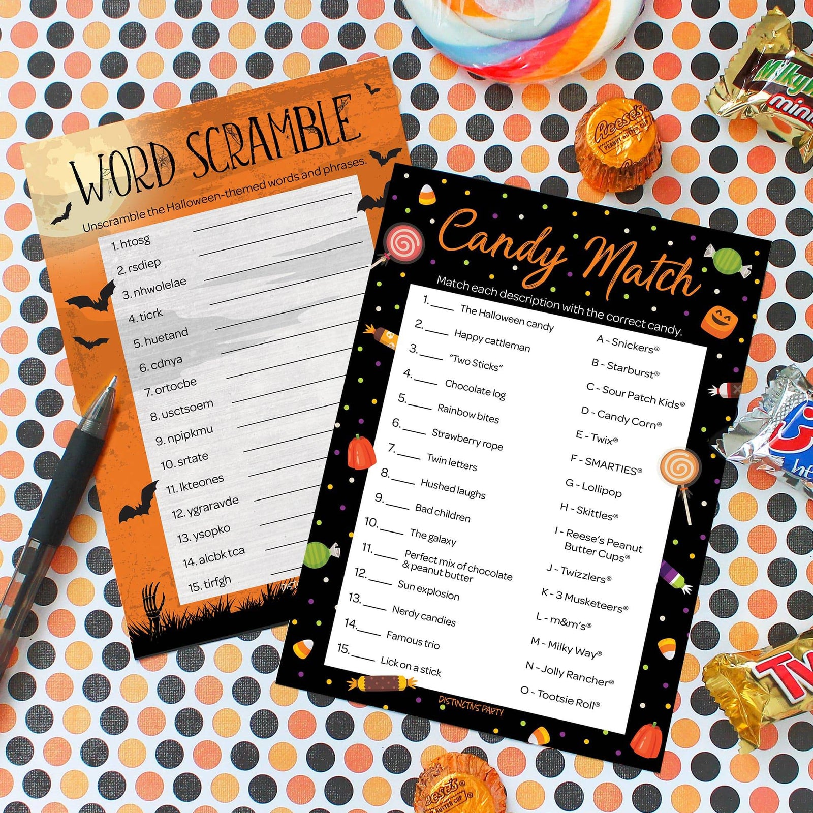 Full Moon: Halloween Party Game - Candy Match and Word Scramble - Two Game Bundle - 25 Dual Sided Cards - Distinctivs Party