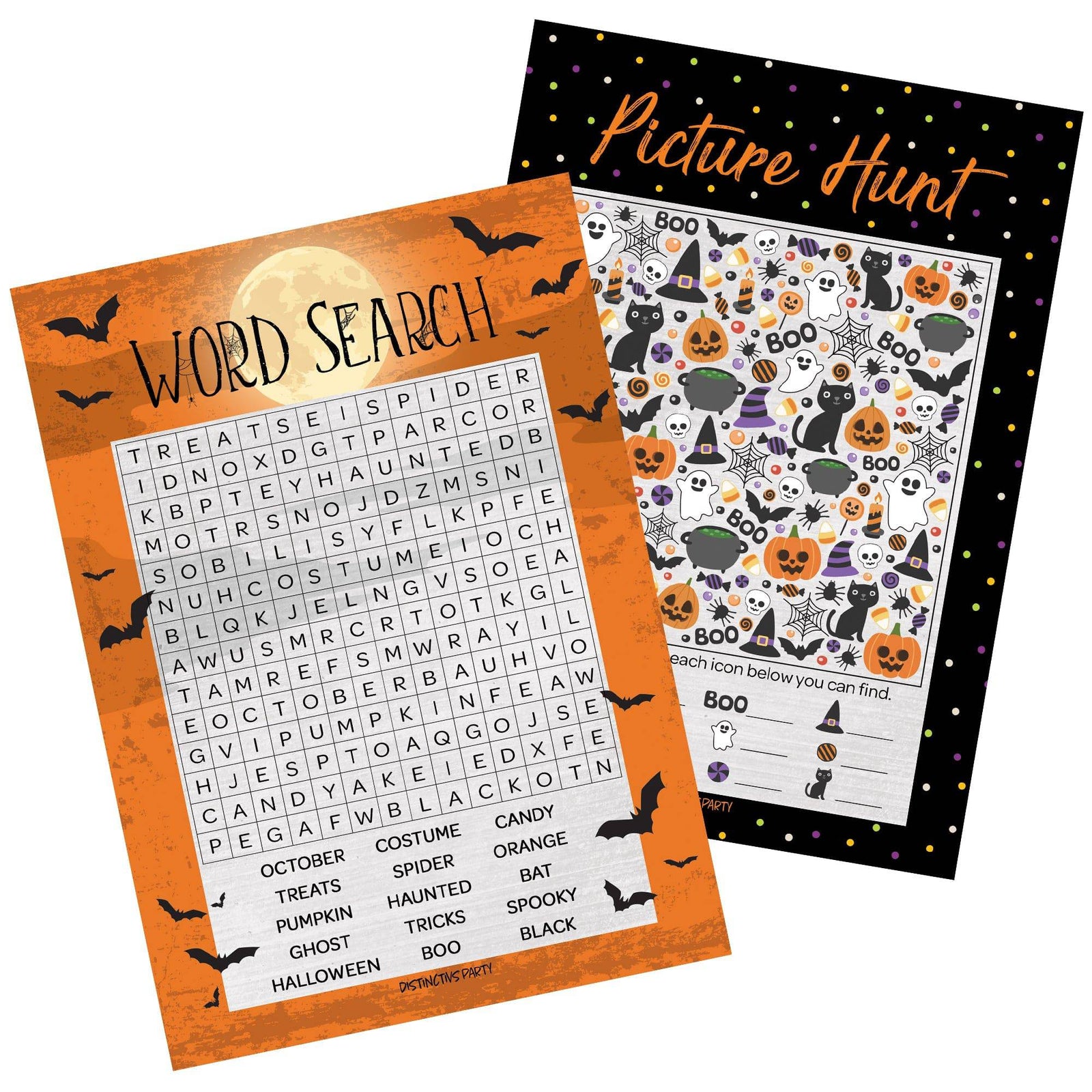 Full Moon: Halloween Party Game - Word Search and Picture Hunt -25 Dual Sided Cards - Distinctivs Party
