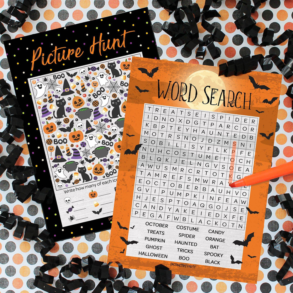 Halloween Party 2 Game Bundle - Word Search and Picture Hunt - 25 Dual Sided Cards