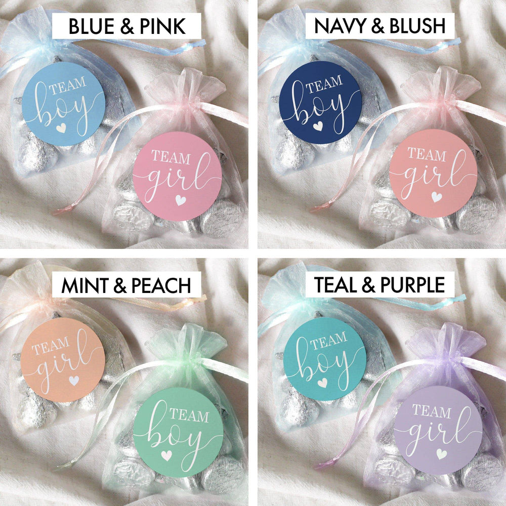 Gender Reveal Party: Four Color Sets - Team Boy or Team Girl Stickers - 40 Stickers - Distinctivs Party