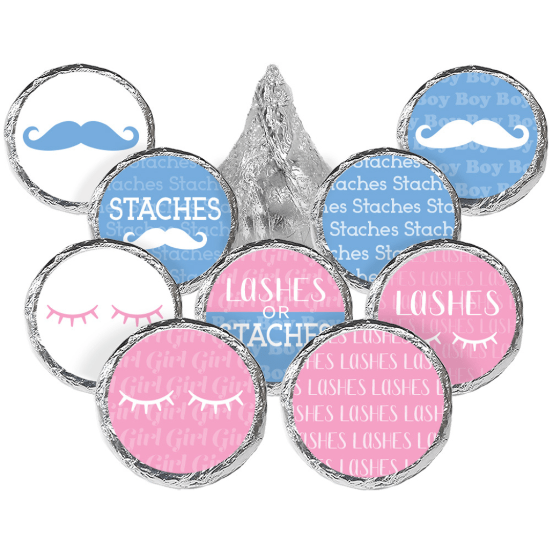 Gender Reveal Party: Lashes or Staches - Team Boy or Girl Baby Shower Stickers - Fit on Hershey® Kisses - 180 Stickers - Distinctivs Party