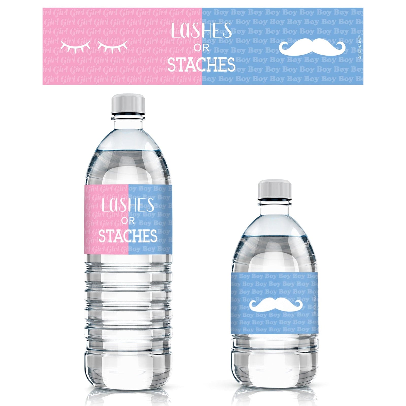 Gender Reveal Party: Lashes or Staches - Team Boy or Girl Baby Shower Stickers - Water Bottle Labels - 24 Waterproof Stickers - Distinctivs Party