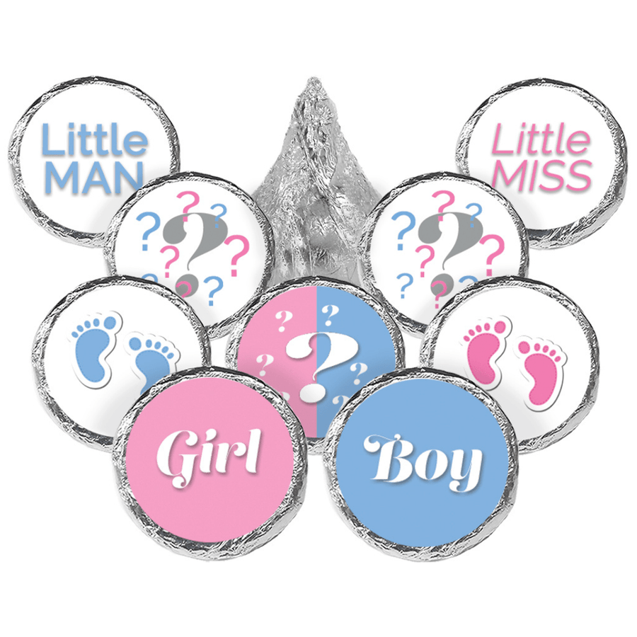 Gender Reveal Party: Little Man or Little Miss - Favor Stickers - Fit on Hershey® Kisses - 180 Stickers - Distinctivs Party